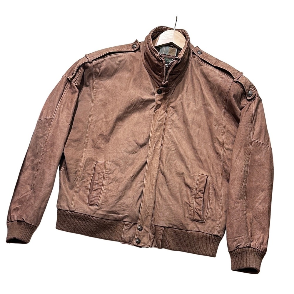 G-III Leather Bomber Jacket Mens Size S Brown Vintage Plaid Lined Flight Coat